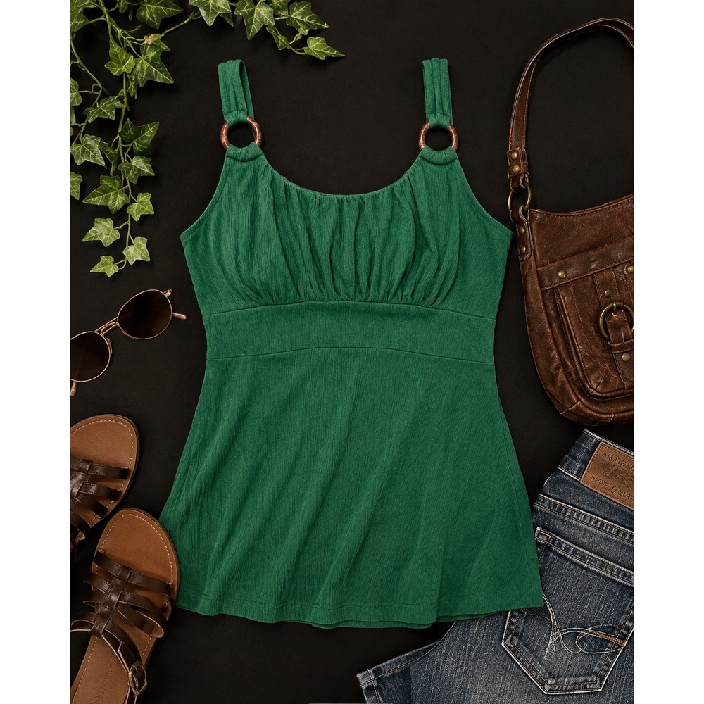 Self Esteem Womens Medium Green Y2K Ring Strap Empire Waist Tank Top Ruched boho